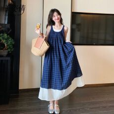 批发蓝色<b class='q'>格</b>子无袖<b class='q'>连衣裙</b>法式文艺风森系复古小清新度假吊带背心长裙