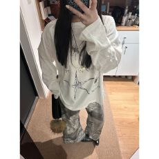 165克雪花亚麻白色长袖t恤女春夏松弛感穿搭慵懒风宽松罩衫上衣