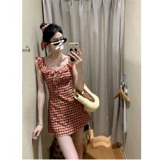 批发法式气质红色<b class='q'>格</b>子无袖<b class='q'>连衣裙</b>子女夏季2026新款小个子显瘦收腰短裙