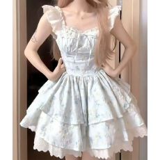 批发樱织花翎碎花<b class='q'>连衣裙</b>女夏季法式甜美可爱小飞裙花边蛋糕蓬蓬短裙子