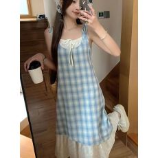 批发2026夏季<b class='q'>新款</b>假两件裙子蕾丝拼接格子设计休闲风清新感<b class='q'>女</b>生连衣裙