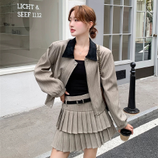 批发法式高级感套装<b class='q'>条纹</b>卡其色翻领夹克外套高腰双层百褶裙两件套秋季