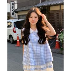 批发日系甜美清新学院风<b class='q'>格</b>子花边背心拼接<b class='q'>连衣裙</b>小个子无袖蓝色<b class='q'>格</b>纹裙