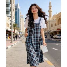 批发韩系休闲<b class='q'>格</b>子<b class='q'>连衣裙</b>2026年早秋新款高级气质松弛感假两件长裙女装