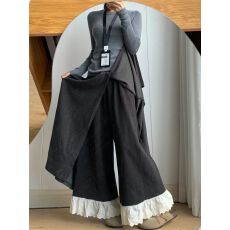 批发立体腰】灰色蕾丝花边阔腿裤女春<b class='q'>秋</b>新款高腰显瘦屁帘休闲半身裙裤