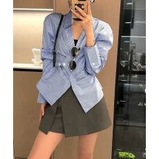 批发韩系不规则交叉收腰条纹衬衫女2026春<b class='q'>秋</b>高级感独特别致上衣