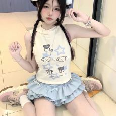 批发辣妹y2k亚比文化穿搭连帽小狗外套上衣蓬蓬蛋糕裙半身裙两件套夏