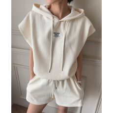 批发韩版简约气质字母贴布抽绳连帽卫衣女夏季新款高腰休闲短裤套<b class='q'>装</b>