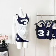 批发2026夏季辣妹纯欲休闲字母吊带背心+防晒罩<b class='q'>衫</b>+瑜伽运动短裤套装<b class='q'>女</b>