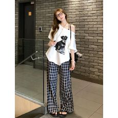 批发百搭<b class='q'>休闲</b>运动套装女夏学生宽松显瘦韩版时尚斜肩短袖阔腿裤两件套