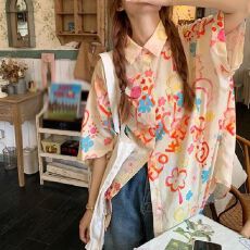 批发复古个性涂鸦印花短袖<b class='q'>衬衫</b>女夏季设计感宽松休闲慵懒风<b class='q'>花</b><b class='q'>衬衣</b>上衣