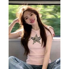 批发【官图 40支纯棉罗纹210<b class='q'>克</b>1*1+刺绣】五角<b class='q'>星</b>豹纹字母粉色t恤女