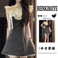 批发法式复古格纹连衣裙女2026新款千金感蝴蝶结花边短裙