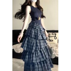 批发藏蓝色<b class='q'>格</b>纹拼接无袖背心<b class='q'>连衣裙</b>韩系穿搭超好看独特漂亮掐腰裙子女