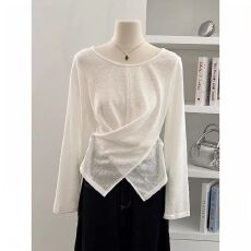 批发雪花棉亚麻面料原版做工韩系不规则<b class='q'>长袖</b><b class='q'>T</b><b class='q'>恤</b>设计感开叉早春女