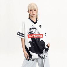 批发2026夏季新款球衣面料美式高街人像印花V领短袖T恤<b class='q'>宽松</b>男女情侣夏