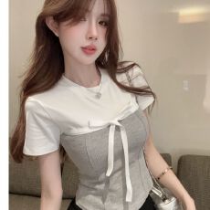 40支210克纯棉螺纹 蝴蝶结假两件正肩短袖t恤女夏季