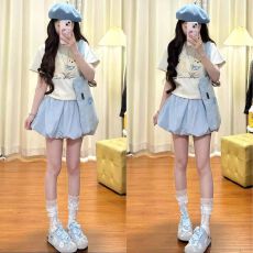 批发蓝色花苞短裤女外穿<b class='q'>夏</b>季薄款2026新款小个子休闲灯笼蓬蓬半身裙裤