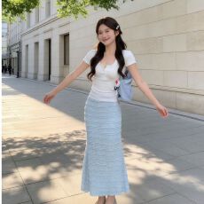 批发韩式海蓝花屿正肩短袖T恤碎花木耳边鱼尾半身裙纯欲套装女