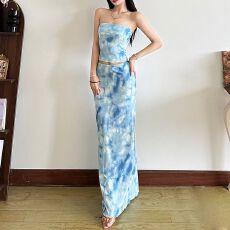 批发欧美风2026<b class='q'>夏</b>季新款女装蓝***幻晕染印花背心同款半身裙套装