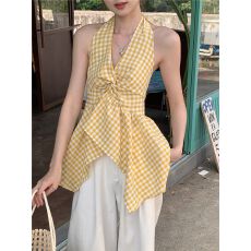 批发法式V领挂脖格子吊带背心女<b class='q'>夏</b>季不规则收腰设计感气质上衣