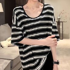 批发韩系慵懒风松弛感条纹斜肩t恤女<b class='q'>夏</b>季新款设计感宽松显瘦短袖上衣