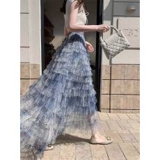 批发扎染蓝色网纱半身纱裙女春夏2026新款超仙层层百褶蓬蓬中长蛋糕裙