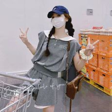 批发休闲运动<b class='q'>套装</b>女夏季韩版酷盐系小众灰色海军领无袖上衣短裤两件套