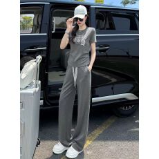 批发欧货高端灰色休闲<b class='q'>运动</b>套装女2026夏<b class='q'>修身</b>显瘦短袖T恤阔腿裤两件套