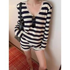 批发纯欲少女黑白条纹睡衣女春秋季新款<b class='q'>蕾丝</b>花边家居服大码<b class='q'>短裤</b>两件套