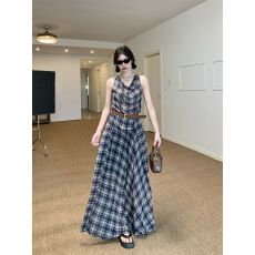 批发复古港风无袖格子套装<b class='q'>吊带</b>背心女夏日海边度假穿搭绝美<b class='q'>长裙</b>两件套