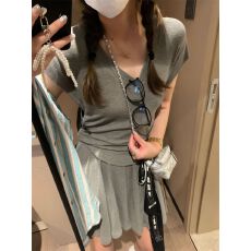 批发人棉1X1随心裁200克】休闲两件套装女V领短袖上衣a字<b class='q'>百褶</b>半身裙
