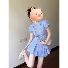 批发蓝色<b class='q'>格</b>纹衬衫<b class='q'>连衣裙</b>女装2026夏季爆款小个子收腰显瘦气质百褶短裙