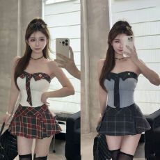 批发美式学院 夏装新款学院风领带拼接翻领无袖上衣<b class='q'>格</b>纹半裙辣妹套装