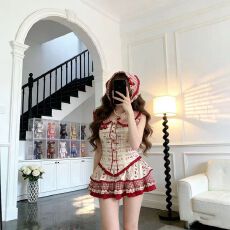 批发夏季新款红色樱桃拼接<b class='q'>格</b>纹印花娃娃领上衣显瘦蓬蓬蛋糕裙两件套女