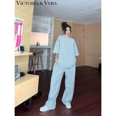 批发宽松休闲慵懒<b class='q'>大码</b>短袖t恤两件套女夏季直筒裤拖地裤<b class='q'>运动</b>套装纯色