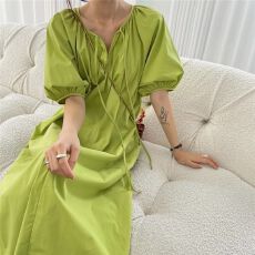 批发法式复古连衣裙女夏大泡泡袖圆领港味休闲简约宽松显瘦气质长裙子