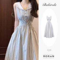 批发蓝色<b class='q'>条纹</b>无袖连衣<b class='q'>裙</b>子女夏2026新款今年流行爆款气质收腰a字长<b class='q'>裙</b>