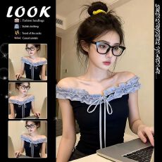 美式复古撞色木耳边系带短袖t恤女夏季小个子收腰辣妹露肩短上衣