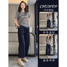 批发韩系夏日穿搭一整套大方得体轻奢高级感灰色印花T恤阔腿裤套装女