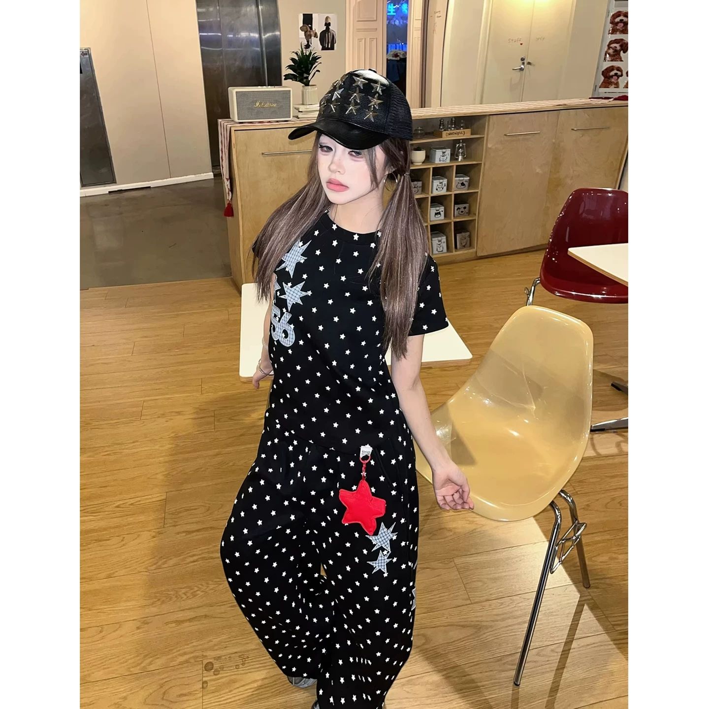 40s 좋은 면 1 1 리브 원본 솜씨 원본 원단 별 자수 반팔 넓은 다리 길이 바지 여성복 여름