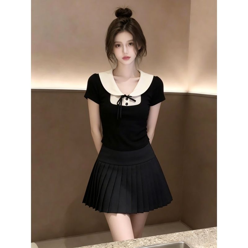 클래식 흑인과 백인 패치워크 배색 그는 벤 바람 여름 반팔 맨위 소녀 연령 감소 베이비 칼라 몸매 가꾸기 슬림해 보이는 티셔츠