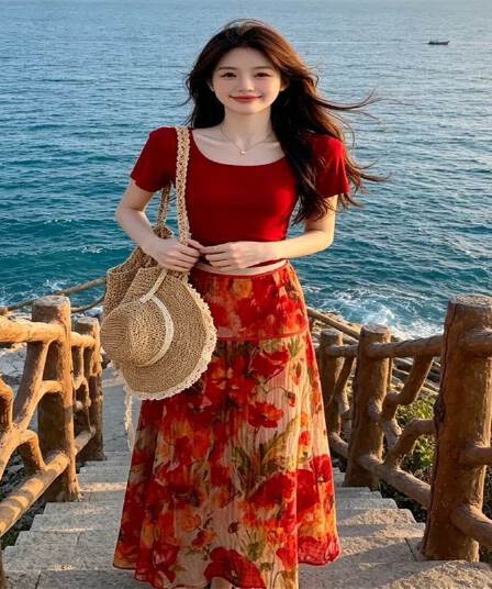 휴가 바람 아름다운 u 칼라 맨위 레트로 유화 프린트 반신 스커트 분위기 센스 투피스 세트