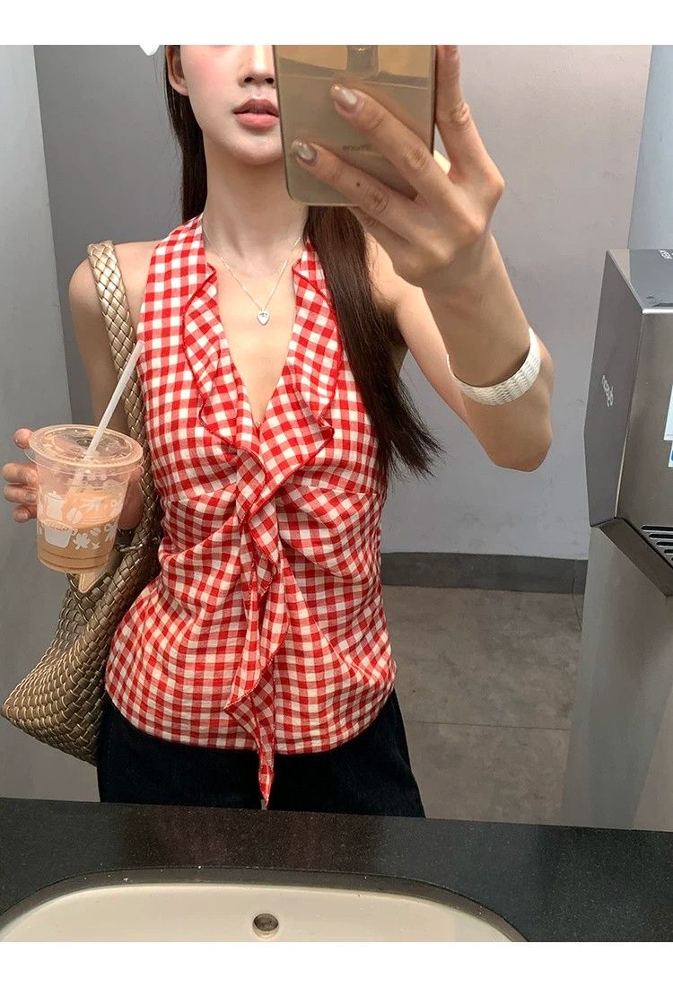 원본 원단 것 캐미솔 여름 새로운 아름다움 뒤로 빨간색 체크무늬 핫걸 민소매 행침 목 맨위 여성