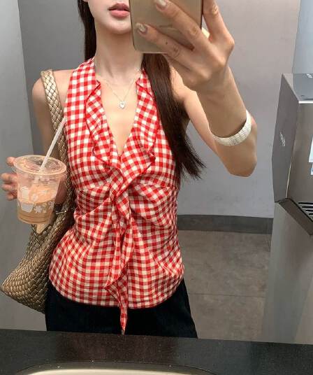원본 원단 것 캐미솔 여름 새로운 아름다움 뒤로 빨간색 체크무늬 핫걸 민소매 행침 목 맨위 여성