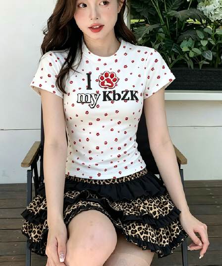 순수한 욕망 핫걸 세트 고양이 발톱 프린트 티셔츠 여성 여름 레오파드 무늬 패치워크 프릴 케이크 퍼프 스커트 투피스 세트