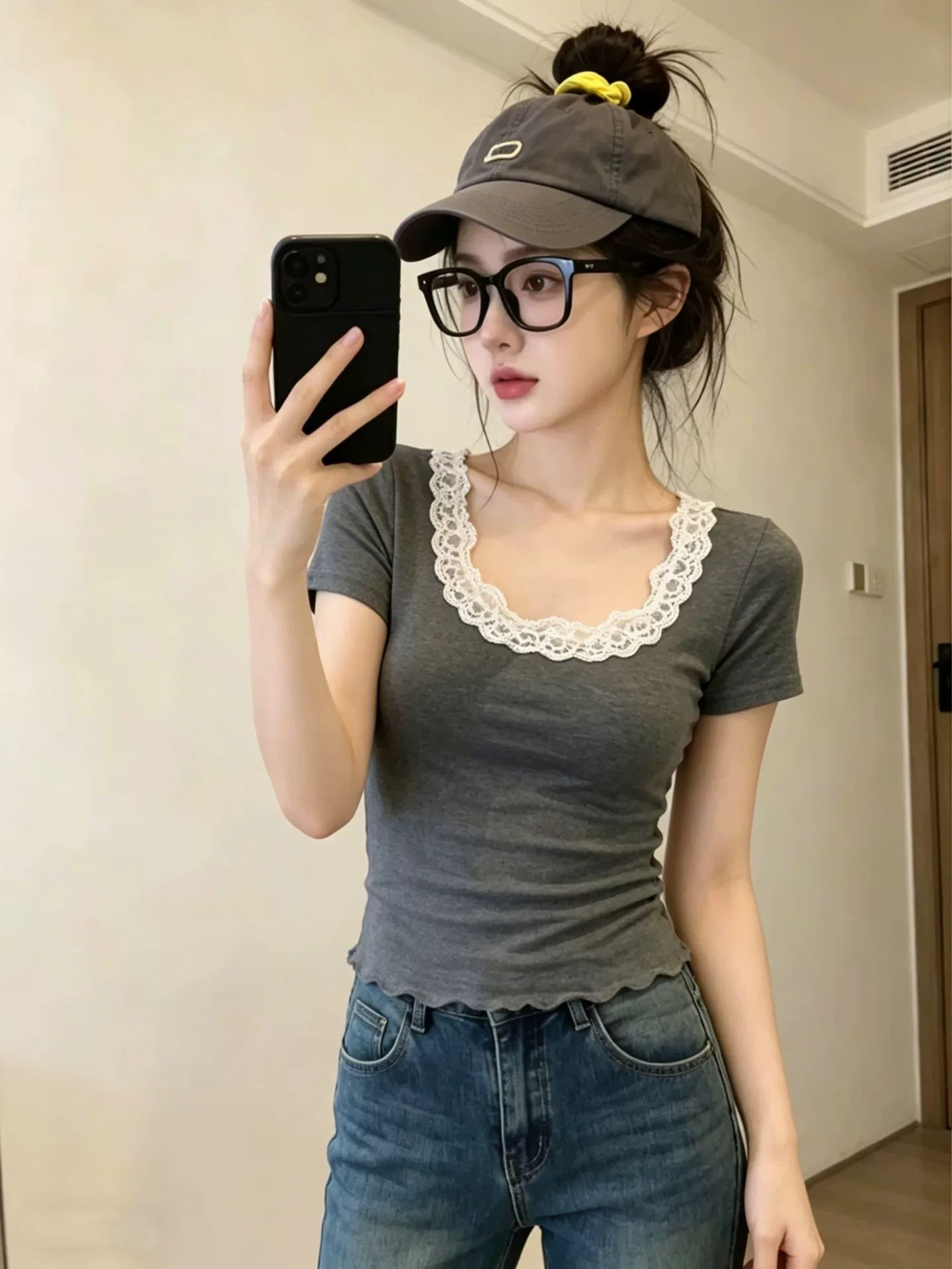 사람들 면 260 그램 살구 색상 레이스 여성 대 네클라인 티셔츠 여름 디자인 센스 고유 한 아름다운 작은 셔츠 몸매 가꾸기 디스플레이