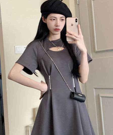 빅 사이즈 지방 mm 프랑스식 레트로 그는 벤 바람 여성 드레스 여름 센스 홀로우 아웃 표지 배 슬림해 보이는 회색 치마 트렌디