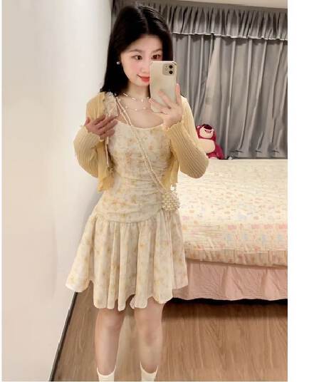 프랑스식 낭만주의 분위기 센스 복숭아 황색 꽃무늬 여성 드레스 봄 여름 작은 키 착용 가져 가라. 차 휴식 슬립 치마