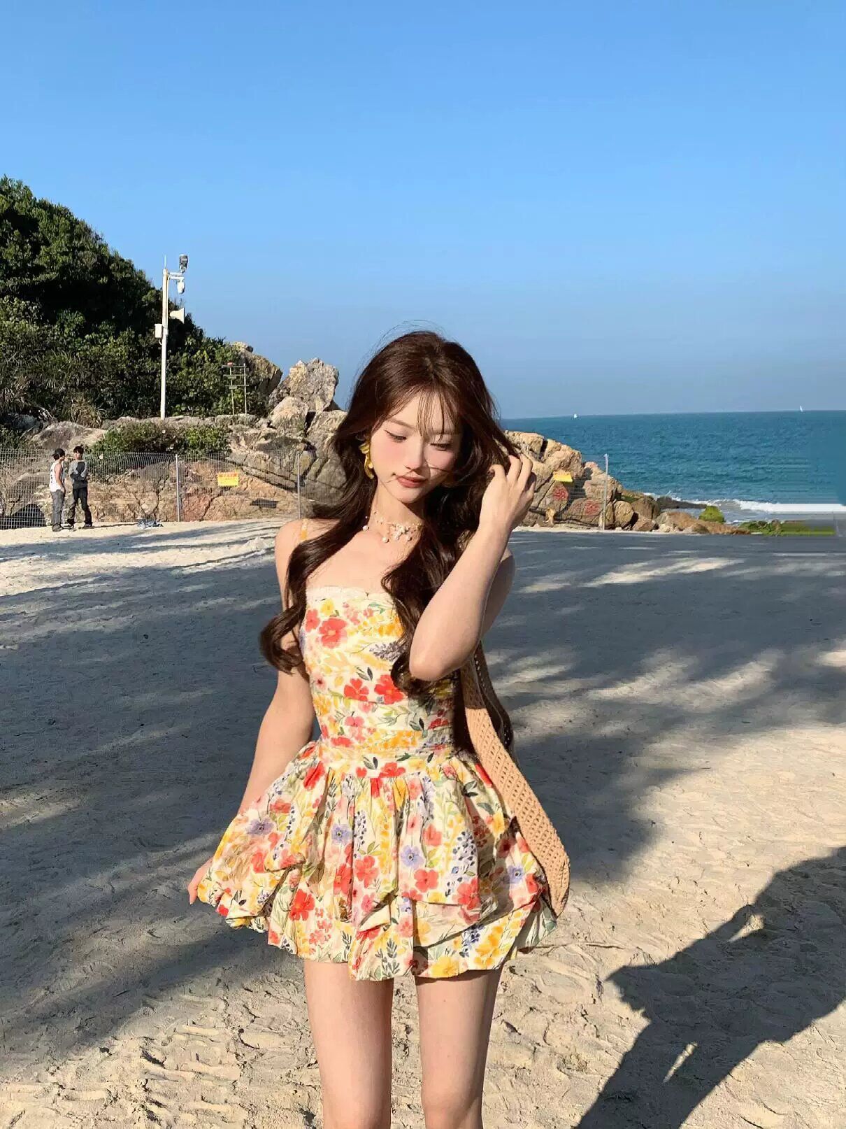 원본 것 있음 네리 프랑스식 달콤함 꽃무늬 슬립 해변가 휴가 레이스 조각 허리 수축 꽃밭 미니 스커트 여성